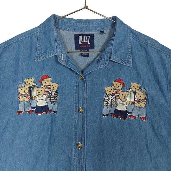 Vintage Quizz NY Woman Chambray Teddy Bears Embroidered Shirt Size 24 Blue - Picture 6 of 10